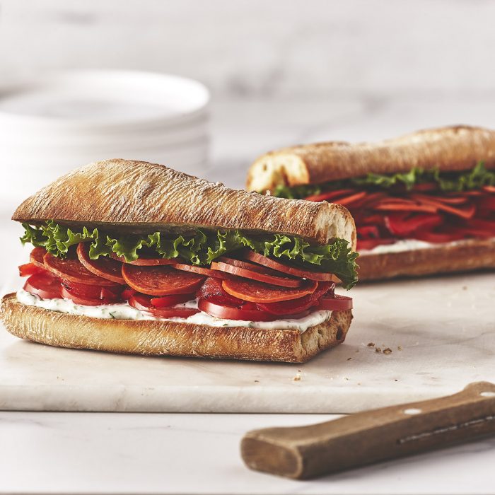 Pepperoni and Roasted Red Pepper Ciabatta Sandwiches with Arugula Mayonnaise