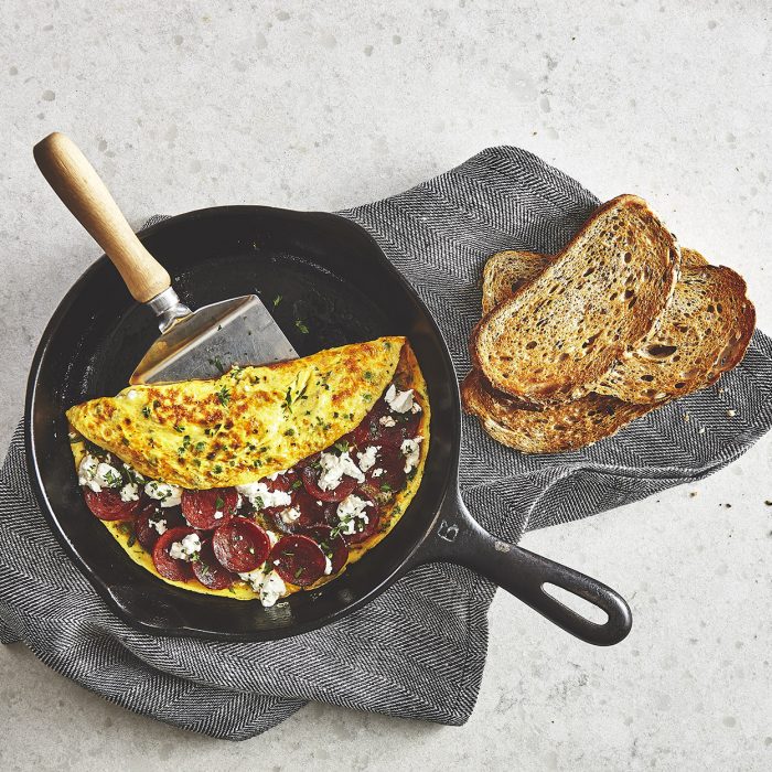 Green Pea and Chorizo Omelette with Fresh Herbs and Goat Cheese